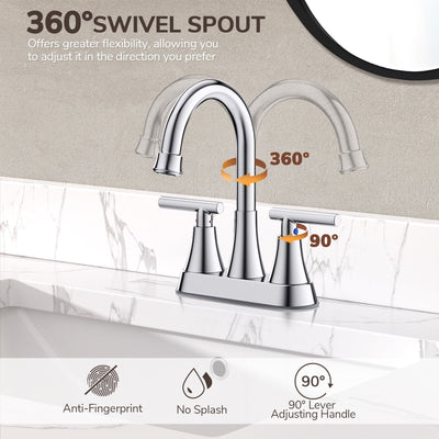 KINGTACK Bathroom Faucet 3 Hole, 4 Inch Bathroom Sink Faucet, Stainless Steel Lead-Free 2-Handle Centerset Faucet with Pop-up Drain and 2 Supply Hoses, Chrome