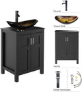 PULUOMIS 24 Inches Traditional Bathroom Vanity Set in Black Finish, Single Bathroom Vanity with Top and 2-Door Cabinet, Brown Glass Sink Top with Single Faucet Hole