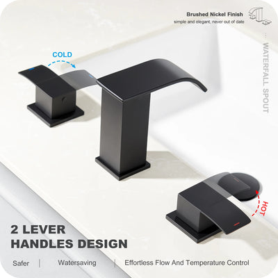 Waterfall Bathroom Faucets for Sink 3 Hole - Matte Black Bathroom Faucet with Pop-up Drain, 8 Inch Widespread Bathroom Sink Faucet 2-Handles, Modern Vanity Faucet with Supply Lines