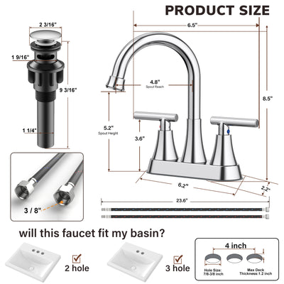 KINGTACK Bathroom Faucet 3 Hole, 4 Inch Bathroom Sink Faucet, Stainless Steel Lead-Free 2-Handle Centerset Faucet with Pop-up Drain and 2 Supply Hoses, Chrome
