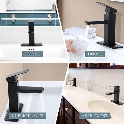 Black Bathroom Faucet with Sink Pop up Drain, Stainless Steel Bathroom Faucets for Sink 1 or 3 Holes, Matte Black Vanity RV Lavatory Faucet with Single Handle, Deck Plate, Water Supply Hoses