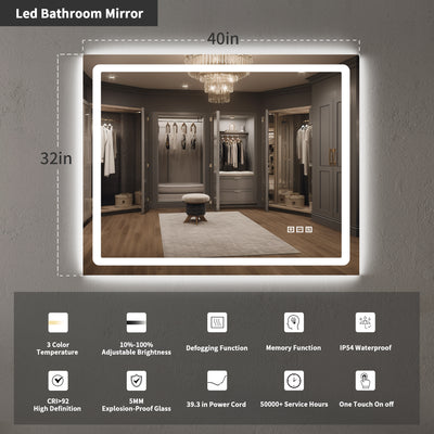 Anti-fog Wall Mounted Lighted Vanity Mirror LED Bathroom Mirror Anti Fog Waterproof,40"x 32" Rectangle Silver