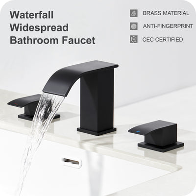 Waterfall Bathroom Faucets for Sink 3 Hole - Matte Black Bathroom Faucet with Pop-up Drain, 8 Inch Widespread Bathroom Sink Faucet 2-Handles, Modern Vanity Faucet with Supply Lines
