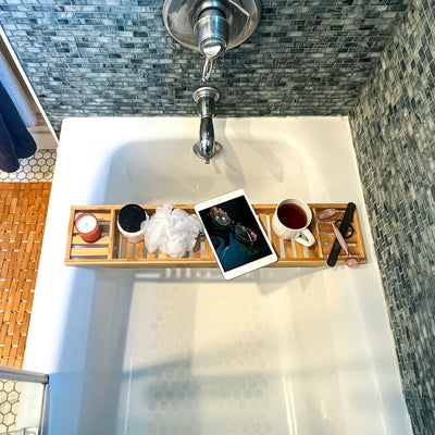 Mind Reader Bathtub Tray, Shower Organizer, Bathroom Accessory, Wood Tray, Rayon from Bamboo, Brown