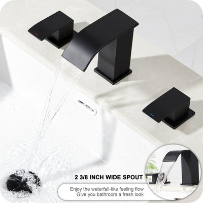 Waterfall Bathroom Faucets for Sink 3 Hole - Matte Black Bathroom Faucet with Pop-up Drain, 8 Inch Widespread Bathroom Sink Faucet 2-Handles, Modern Vanity Faucet with Supply Lines