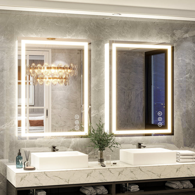 BEAUTYPEAK 24"x32" Bathroom Mirror with Adjustable LED Wall Mounted Mirror, White