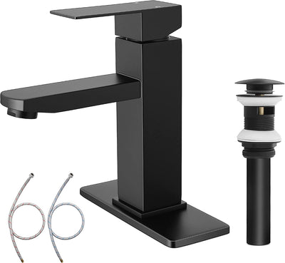 Black Bathroom Faucet with Sink Pop up Drain, Stainless Steel Bathroom Faucets for Sink 1 or 3 Holes, Matte Black Vanity RV Lavatory Faucet with Single Handle, Deck Plate, Water Supply Hoses