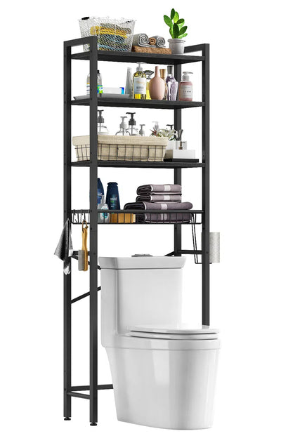 Biemlerfn Over The Toilet Storage Shelf, 4-Tier Wooden Bathroom Organizer Adjustable Saver Space Rack with Toilet Paper Holder, Black