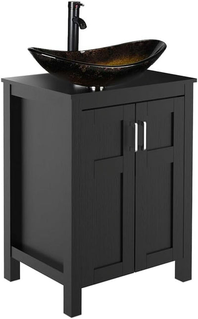 PULUOMIS 24 Inches Traditional Bathroom Vanity Set in Black Finish, Single Bathroom Vanity with Top and 2-Door Cabinet, Brown Glass Sink Top with Single Faucet Hole