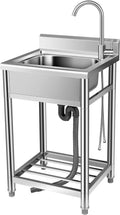 SPECSTAR 22" Stainless Steel Freestanding Utility Sink with Hot and Cold Faucet, Freestanding Commercial Kitchen Single Bowl Sink