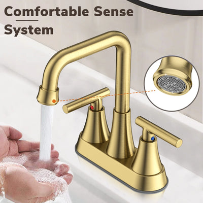 KINGTACK Bathroom Sink Faucet, 4 inch Brushed Gold Bathroom Faucets with Pop-up Drain and Supply Lines, Stainless Steel 2-Handle Centerset Faucet for Bathroom Faucet 3 Hole