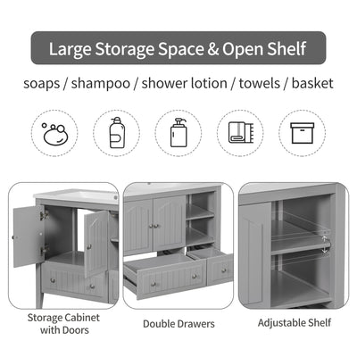 36" Bathroom Vanity Base Only, Bathroom Vanity Without Top Sink, Modern Freestanding Bathroom Storage Cabinet with Open Storage Shelf and Drawers, Solid Wood Frame, Gray