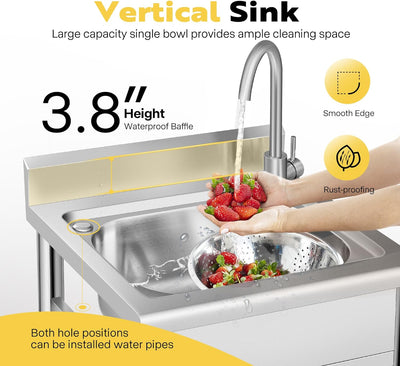 SPECSTAR 22" Stainless Steel Freestanding Utility Sink with Hot and Cold Faucet, Freestanding Commercial Kitchen Single Bowl Sink
