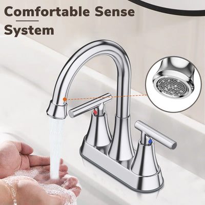 KINGTACK Bathroom Faucet 3 Hole, 4 Inch Bathroom Sink Faucet, Stainless Steel Lead-Free 2-Handle Centerset Faucet with Pop-up Drain and 2 Supply Hoses, Chrome