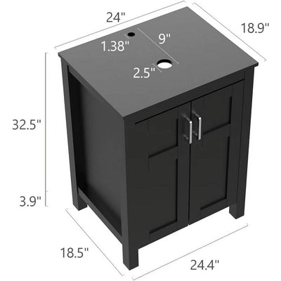 PULUOMIS 24 Inches Traditional Bathroom Vanity Set in Black Finish, Single Bathroom Vanity with Top and 2-Door Cabinet, Brown Glass Sink Top with Single Faucet Hole